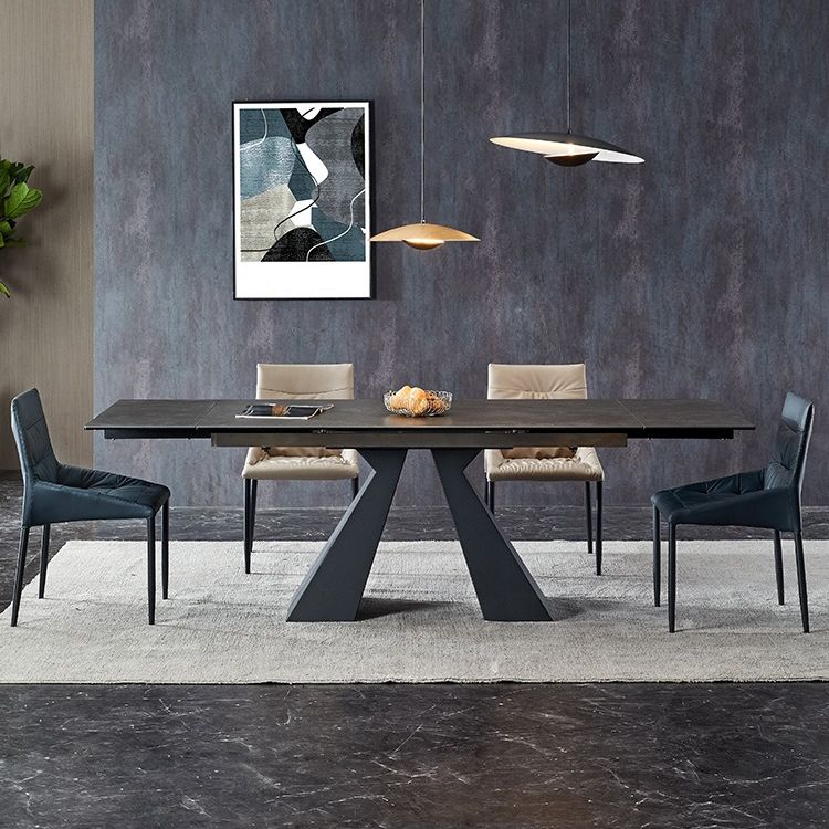 Rectangle Traditional Luxury Dining Table Grey Sintered Stone Table with Black Double Pedestal Clearhalo ' dining_table' 'Dining Tables & Seating' 'Dining Tables' 'Furniture' 'furniture_dining_table' 'Kitchen & Dining Furniture' 'kitchen&dining_furn' 'kitchen' 'kitchen_dining_table' 1200x1200_0a6779fb-9254-4d1d-be2b-7697ad62917a