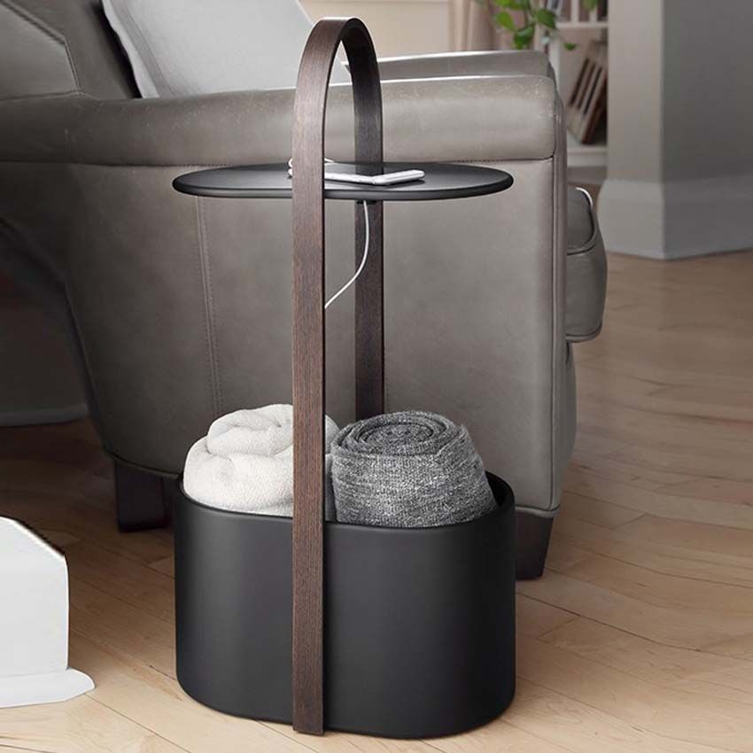 Contemporary Drum End Table with Storage, Metal Oval End Table