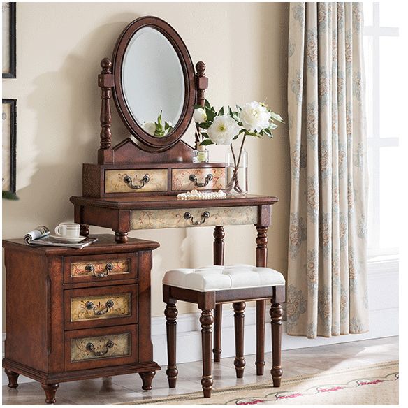 Victorian Wood Vanity Table with Mirror and Stool 15.75" D Vanity Table Set Clearhalo 'Bedroom Furniture' 'furn' 'furn_makeup_vanities' 'Furniture' 'Makeup Vanities' 'makeup_vanities' 1200x1200_0ab2c10c-b13d-45a8-a135-e08a576140ae