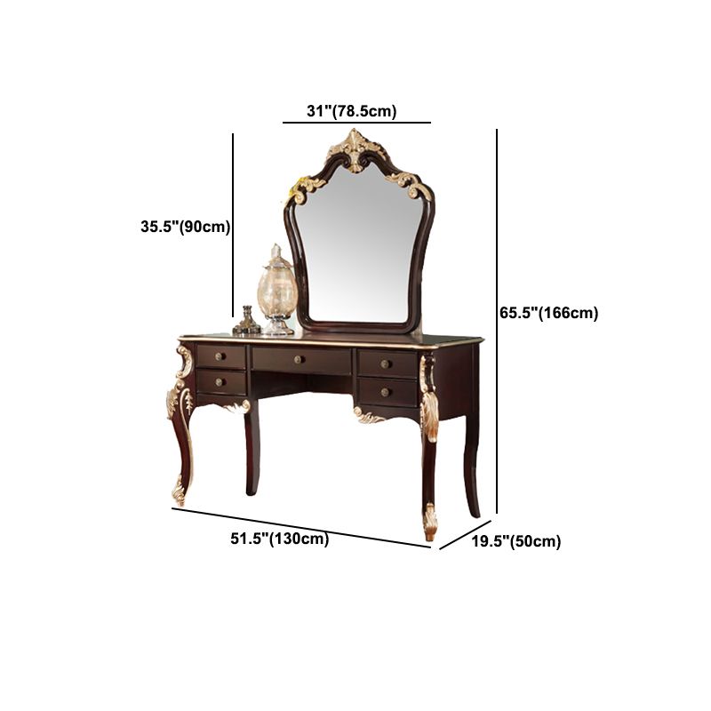 Contatore di trucco marrone con specchio da 19,68 "tavoli da vanità in legno largo con 5 cassetti