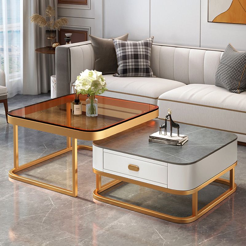 Modern Metal Frame Cocktail Table Square Glass / Slate Coffee Table with Drawer Clearhalo 'Coffee & Accent Tables' 'Coffee Tables' 'coffee_tables' 'furn' 'furn_coffee_tables' 'Furniture' 'Living Room Furniture' 1200x1200_0ac35c55-a3e8-47f2-8300-ee4c9dee3355
