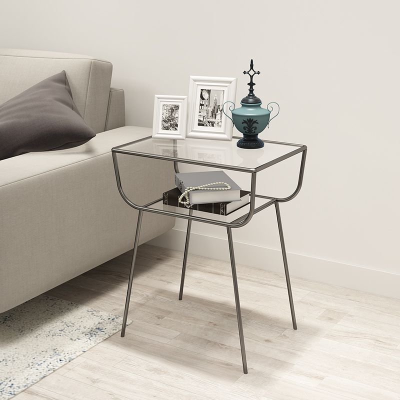 Modern Rectangle Glass Top Side Table 23.6" Tall Iron 4 Legs End Table with Shelf