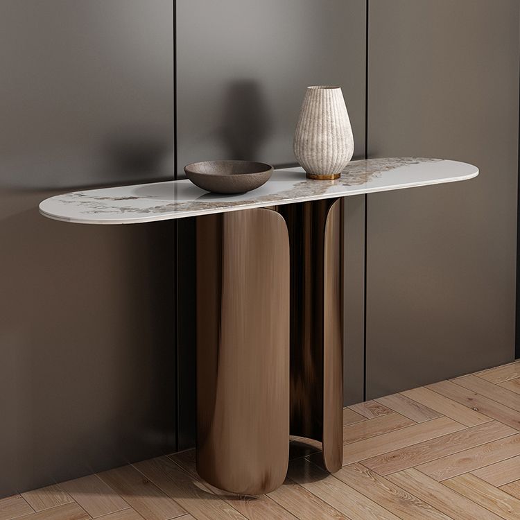 16 Inch Wide Glam Console Table Oval Stone Accent Table for Hall
