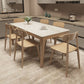 Mesa de comedor moderna con tapa de piedra blanca, mesa rectangular con patas de madera