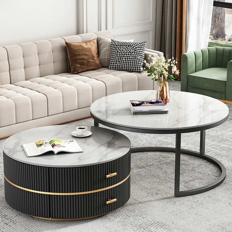 Round Slate Coffee Table Set Frame Cocktail Table with 2 Storage Drawers Clearhalo 'Coffee & Accent Tables' 'Coffee Tables' 'coffee_tables' 'furn' 'furn_coffee_tables' 'Furniture' 'Living Room Furniture' 1200x1200_0b5684ee-a951-48ad-9dc4-ac82067bc0b8