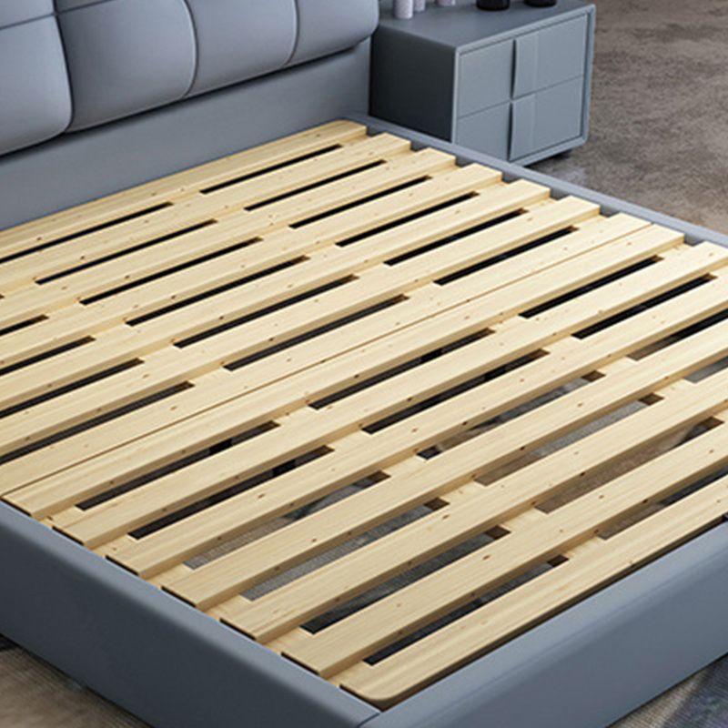 Contemporary Genuine Leather Upholstered Platform Bed Blue Bed Frame