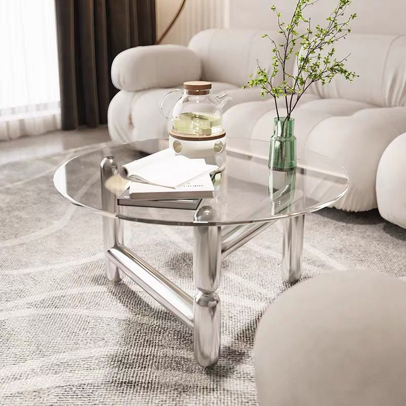 Table basse ronde en verre et acier, 3 pieds, 1 table basse simple