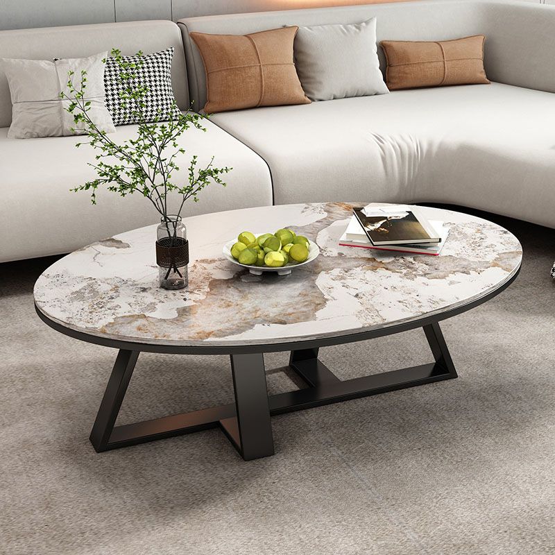 Metal Cross Legs Cocktail Table Luxurious Oval Stone Top Coffee Table Clearhalo 'Coffee & Accent Tables' 'Coffee Tables' 'coffee_tables' 'furn' 'furn_coffee_tables' 'Furniture' 'Living Room Furniture' 1200x1200_0bcdb4f5-3b5b-4637-bb80-0d3e7dd7ccab