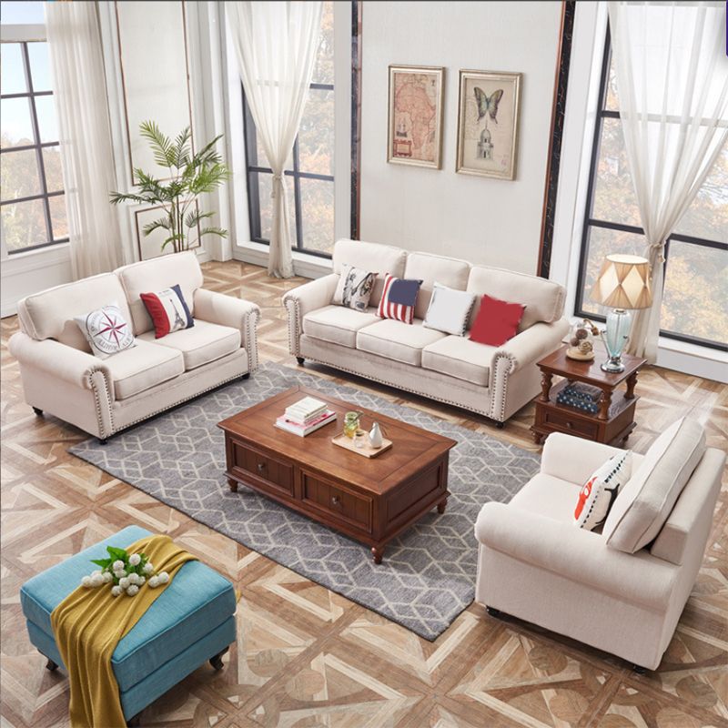 French Country White Cushions Rolled Arm Living Room Seating