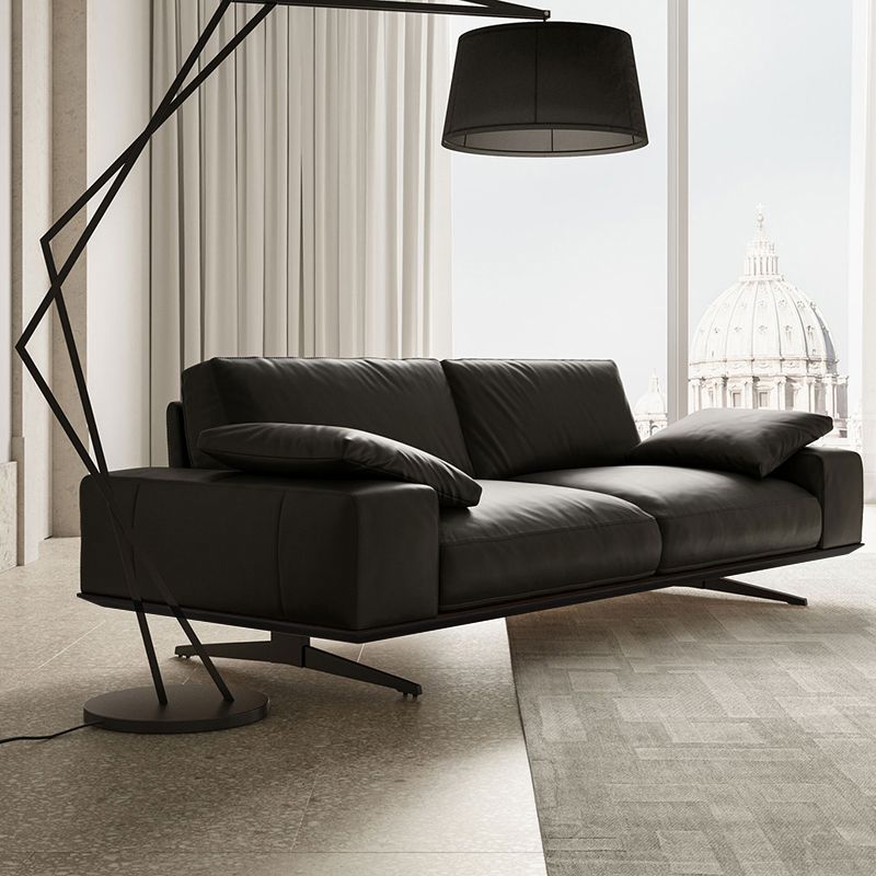 Leather Sofa in Black Stain Resistant Living Room Seating with Pillows