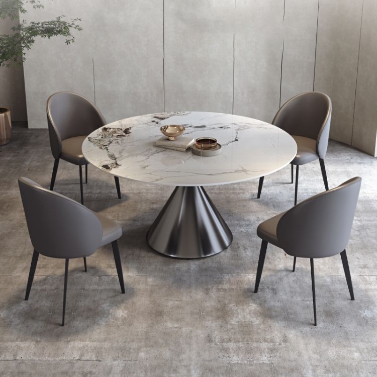 Tavolo da pranzo moderno di pietra bianca rotonda con piedistallo grigio