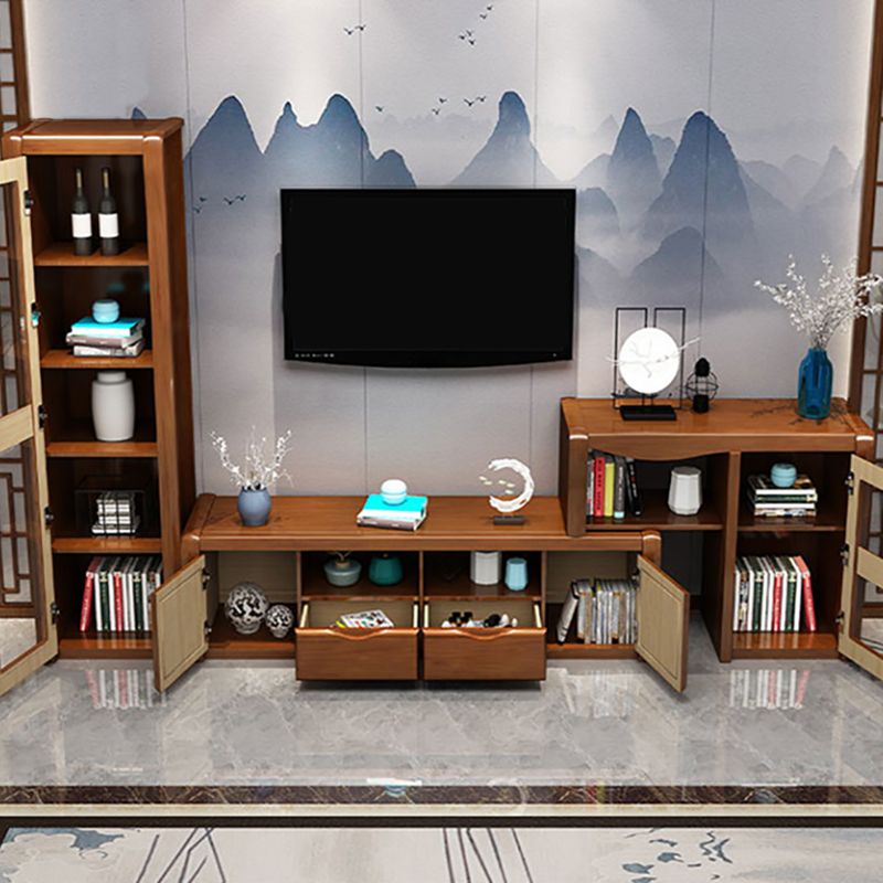 Support multimédia TV traditionnel en bois d'hévéa, étagère ouverte, console avec tiroirs