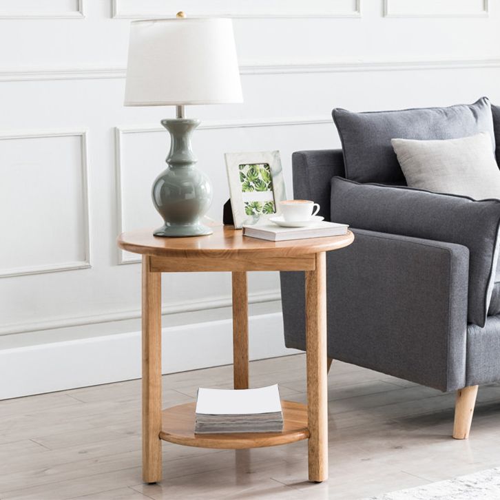 Nordic Style 3 Legs Base Design Round Solid Wood Table with Storage Shelf Side Table