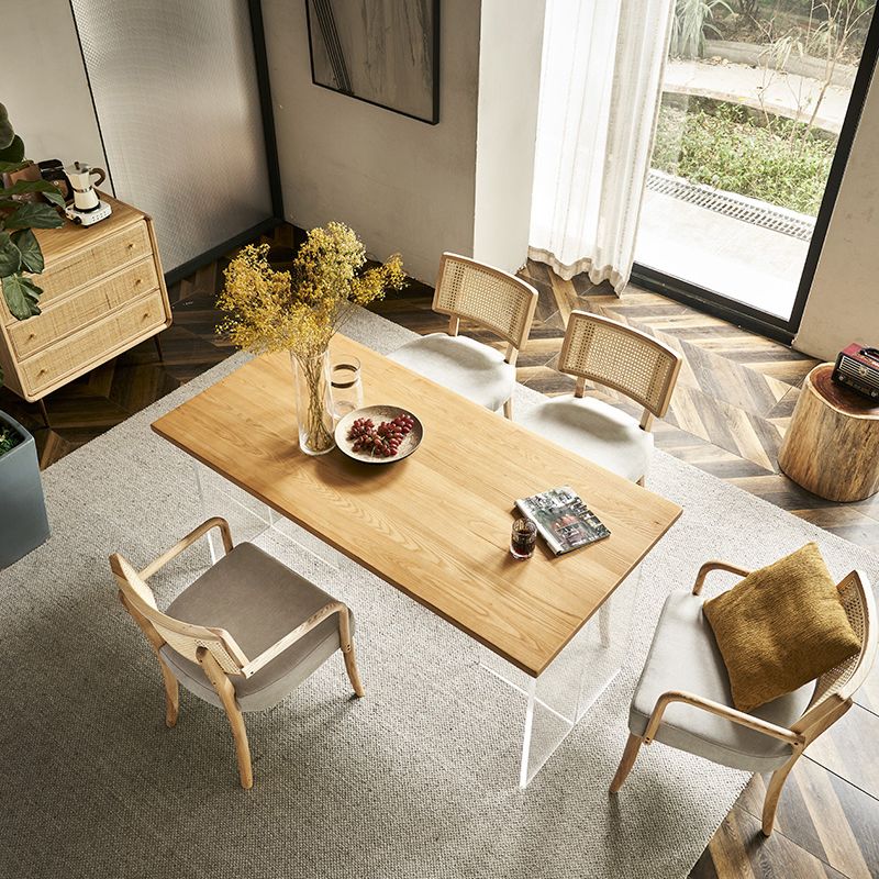 Mesa moderna de madera de roble para mesa de comedor rectangular de restaurantes con pedestal doble acrílico