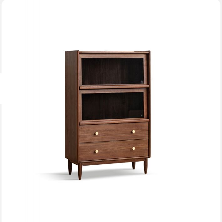 Modern Living Room Floor Cabinet Solid Wood Glass Doors with Lighting