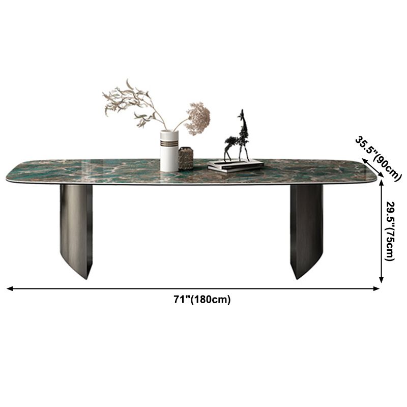 Sintered Stone Modern Rectangle Dining Table Green Stone Top Table with Metal Double Pedestal Clearhalo ' dining_table' 'Dining Tables & Seating' 'Dining Tables' 'furn' 'furn_dining_table' 'Furniture' 'furniture_dining_table' 'Kitchen & Dining Furniture' 'kitchen&dining_furn' 'kitchen' 'kitchen_dining_table' 1200x1200_0c6b5e1a-6b47-462b-a873-f13158448a6b