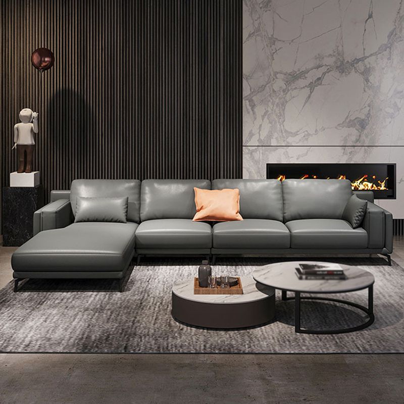 Square Arm Grey Pillowed Back Cushions Splayed Wooden Legs Sofa Clearhalo 'furn' 'furn_sectionals' 'Furniture' 'furniture_sectionals' 'kitchen' 'kitchen_sectionals' 'Living Room Furniture' 'Sectionals' 1200x1200_0c724aa3-2dd4-414d-802d-2f44ce21cc87