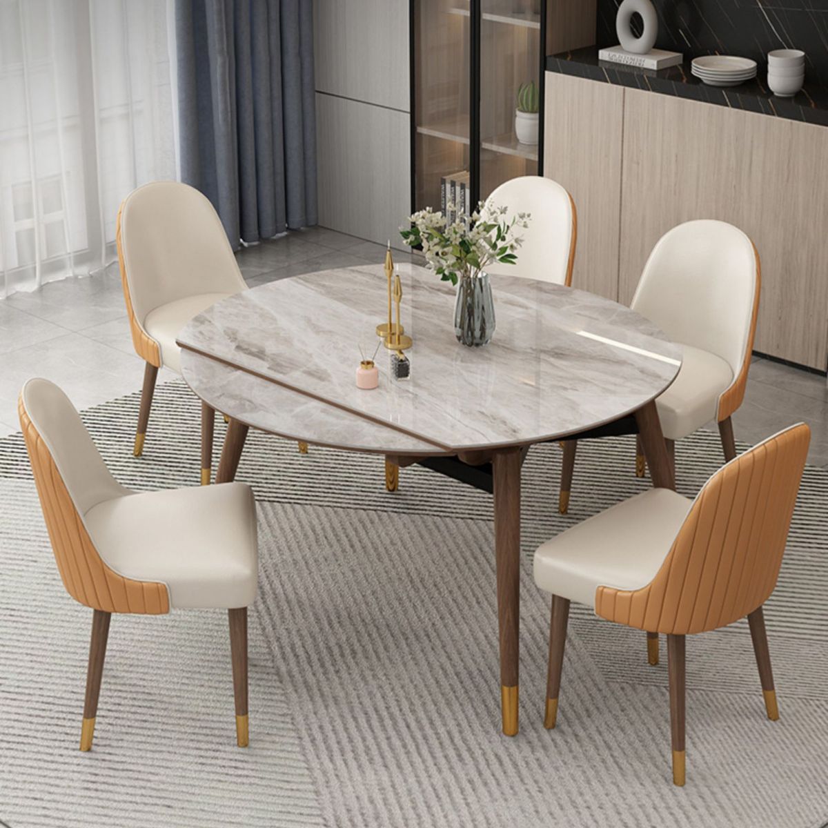 Contemporary Style Sintered Stone Dining Table with Grey Self-Storing Leaf and 4 Legs Base Clearhalo 'Dining Room Sets' 'Dining Tables & Seating' 'dining_room_set' 'furn' 'furn_dining_room_set' 'Furniture' 'furniture_dining_room_set' 'Kitchen & Dining Furniture' 'kitchen&dining_furn' 'kitchen' 1200x1200_0ca7fefb-780f-423a-bdbc-ad1e5a1f3ebb