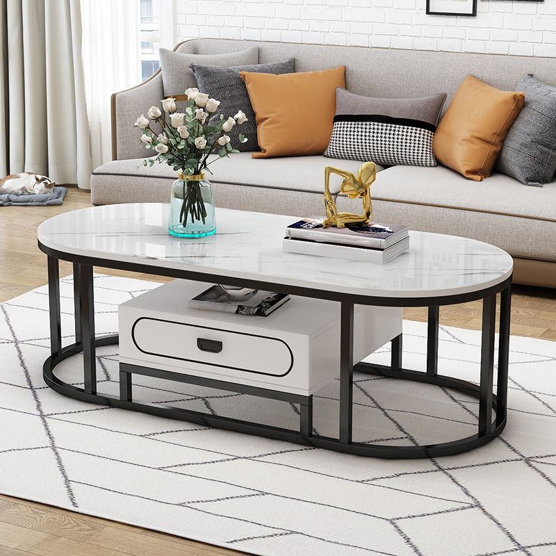 Oval Tempered Glass Frame Base Design Modern Style Coffee Table with Drawers