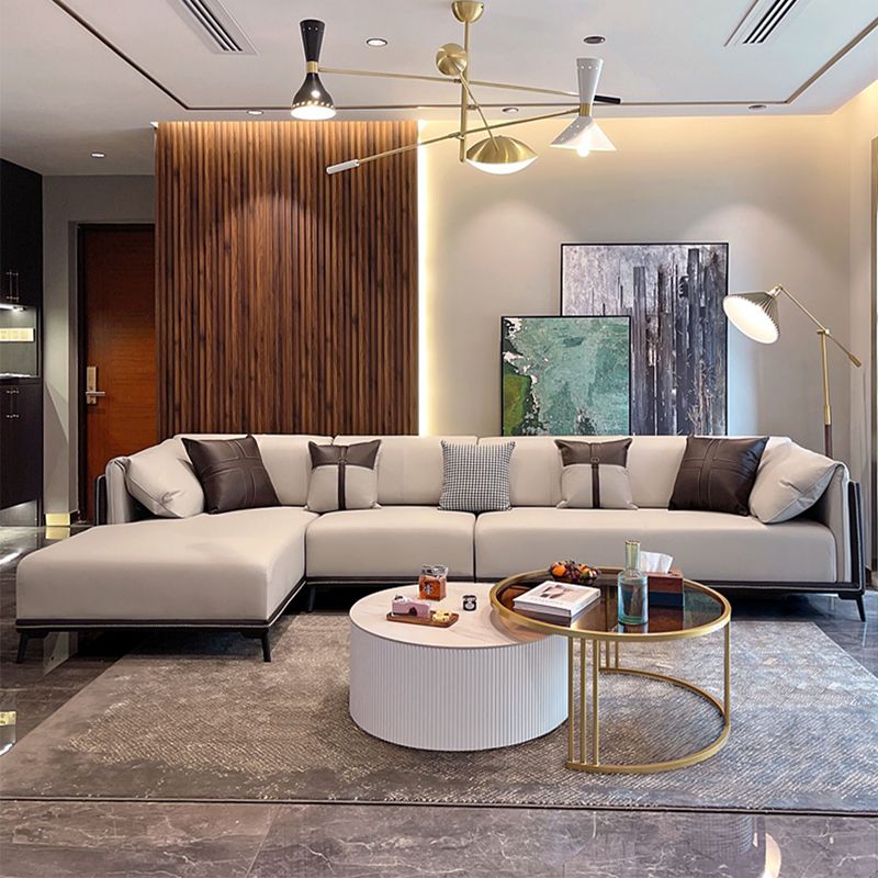 Contemporary Stain-Resistant Faux Leather Sofa/Sectional with Pillowed Back Cushions Clearhalo 'furn' 'furn_sectionals' 'Furniture' 'furniture_sectionals' 'Living Room Furniture' 'Sectionals' 1200x1200_0cd1d610-8c41-4111-925d-8f0217b078df