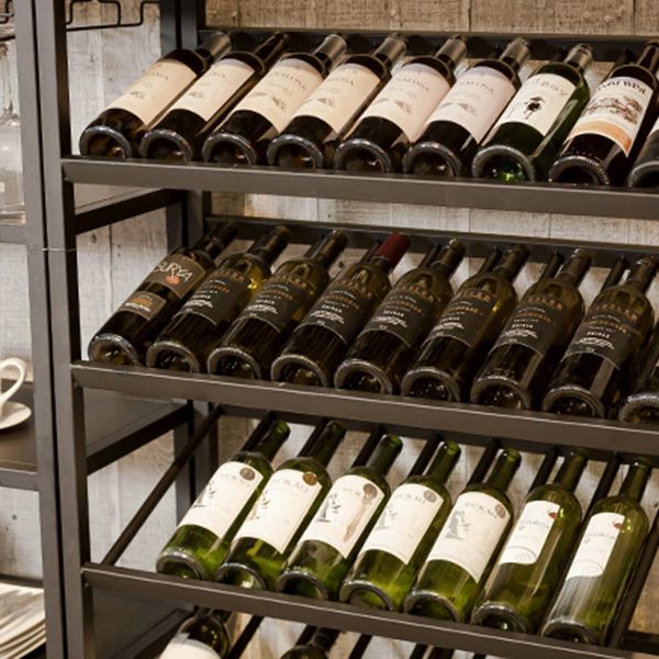 Botella de vino moderna y rejilla de vidrio Rack de vino de metal con estante