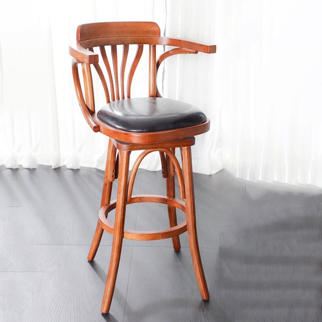Industrial Armed Bar Stools Oak Wood Dining Stool with Footrest Clearhalo 'Bar Furniture' 'Bar Stools' 'bar_stools' 'furn' 'furn_bar_stools' 'Furniture' 'Kitchen & Dining Furniture' 1200x1200_0d1432be-bbe5-4b2f-9471-021801228e71