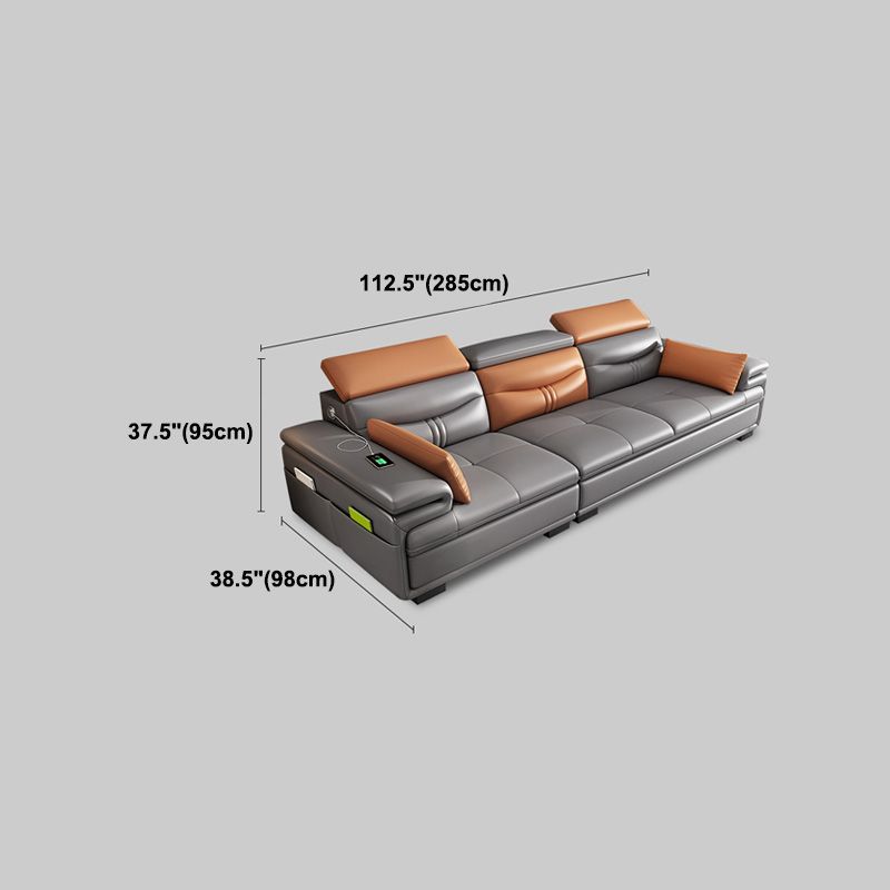 Gray Genuine Leather Sectional Sofa with Storage Bag Adjustable Sofa