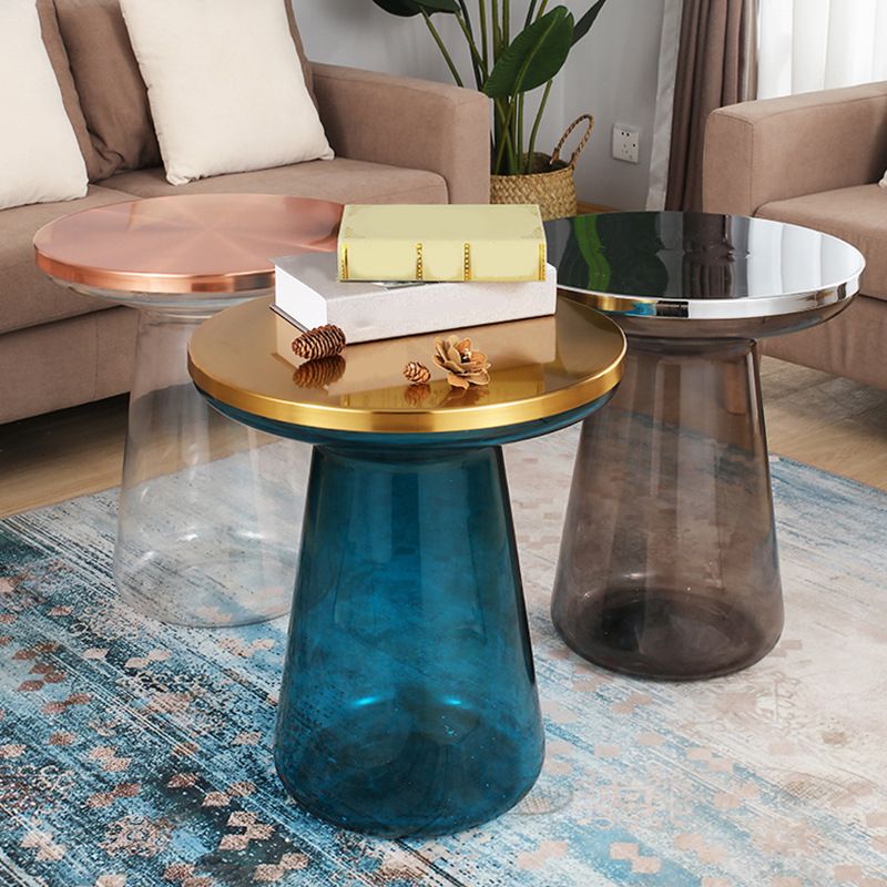 Pedestal Glass End Table Metal Top Round Side Table - 18.11" W x 18.11" D x 20.87" H