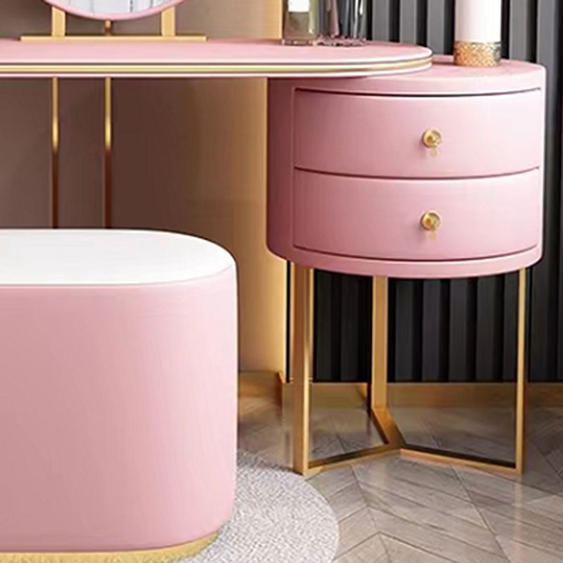 Vanidad de 2 cajones con taburetes y espejo Mesa de tocador de maquillaje de cuero genuino para mujeres