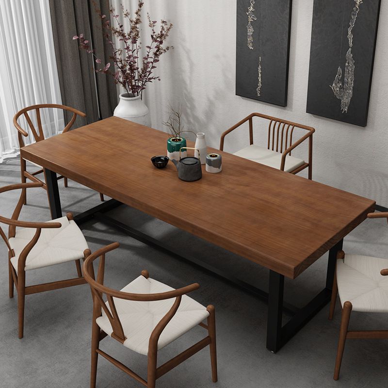 Mesa de comedor rectangular con base negra, mesa de madera industrial para cocina