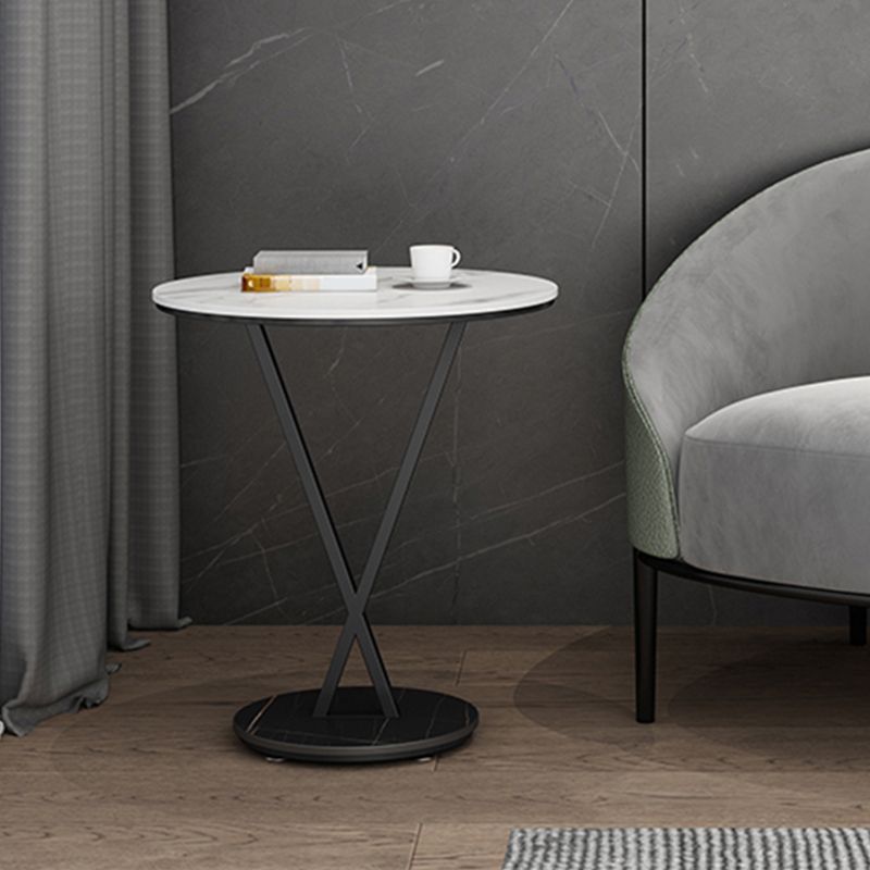 Modernistic Slate Top Round Side End Table Metal X-base End Table