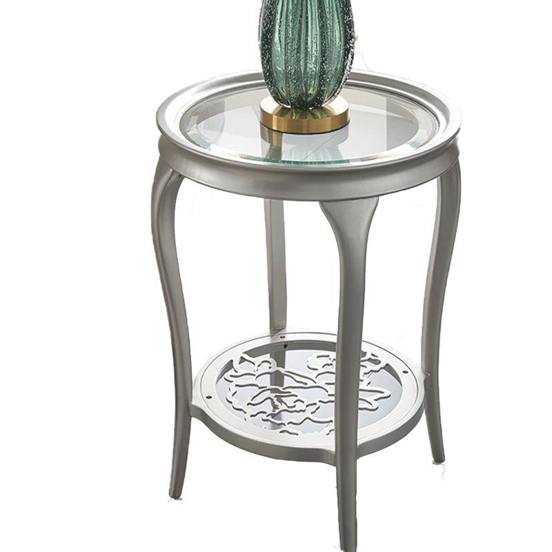 Table d'appoint en verre rond de 25,6 "de haut en bois à 4 jambes table de bout avec étagère