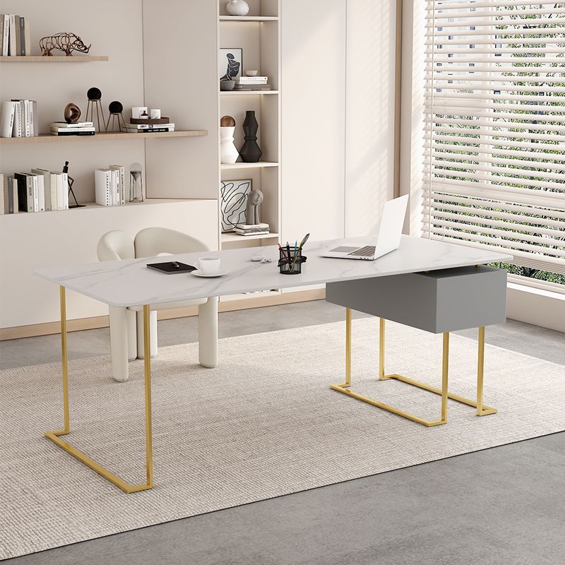 Rectangular Shaped Office Task Desk Stone Writing Desk in White for Office