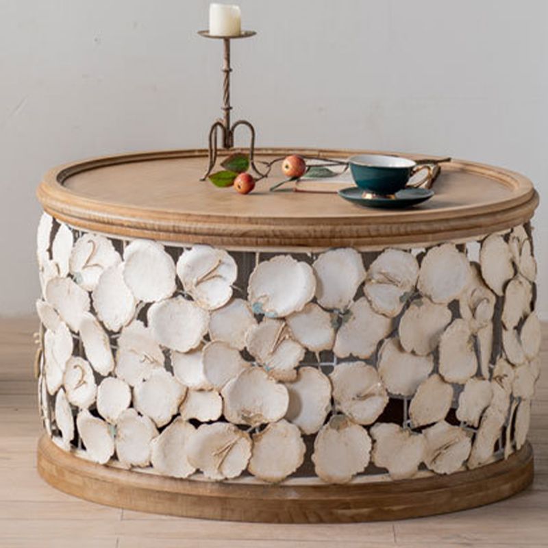 素朴なソリッドウッドラウンドトップトップハンドドラムエンドテーブルと金属ベース