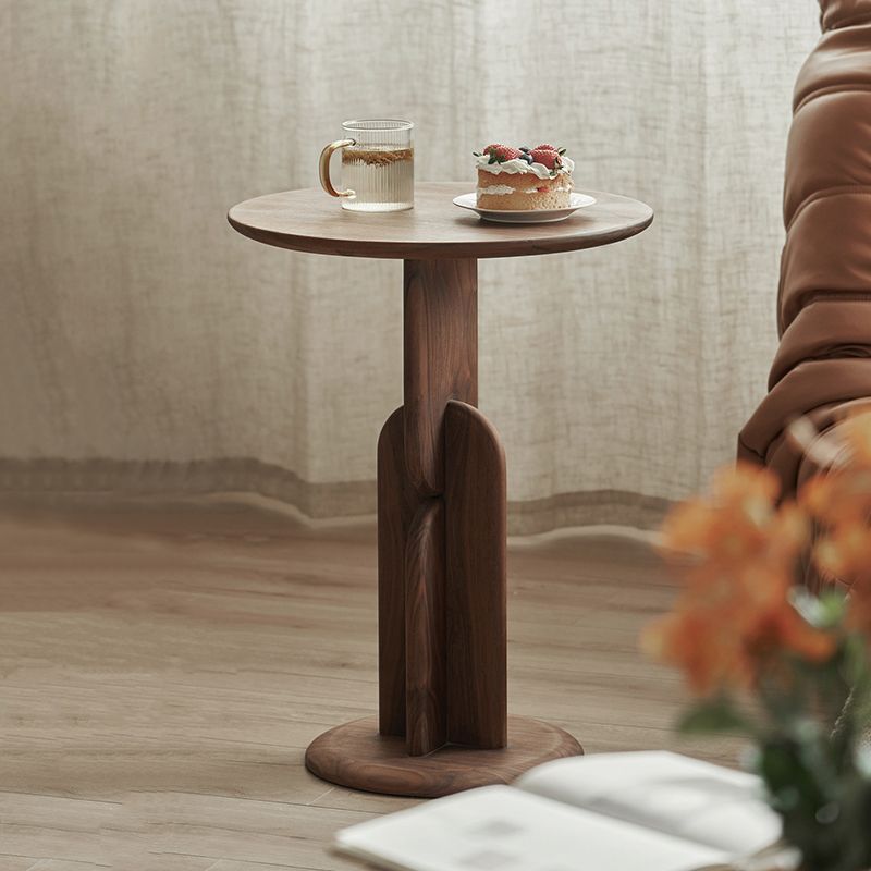 Contemporary Side End Table Round Pedestal Walnut Living Room Solid Wood Corner Table