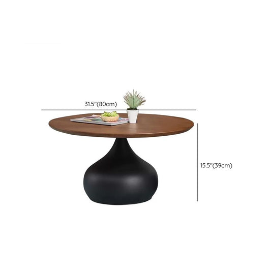 Modern Round Wooden Coffee Table Iron Pedestal Cocktail Table