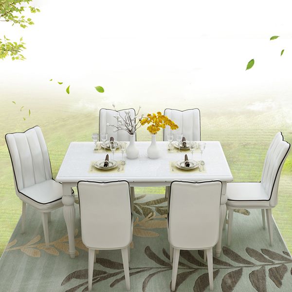 Moderno tavolo da pranzo in vetro rettangolare bianco con gambe in legno massiccio