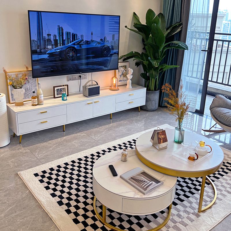 White Glam Style TV Stand Stone Enclosed Storage TV Cabinet with 4 Drawers Clearhalo 'furn' 'furn_tv_stands_entertainment_centers' 'Furniture' 'Living Room Furniture' 'TV Stands & Entertainment Centers' 'TV Stands & Media Storage Furniture' 'tv_stands_entertainment_centers' 1200x1200_0e0b3be9-94e9-4b99-9c06-68781c14c692