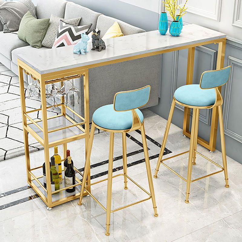 Glam White Marble Bar Dining Table Iron Double Pedestal Bistro Table with Shelve Clearhalo 'Bar Furniture' 'Bar Tables' 'bar_tables' 'furn' 'furn_bar_tables' 'Furniture' 'furniture_bar_tables' 'Kitchen & Dining Furniture' 'kitchen&dining_furn' 'kitchen' 1200x1200_0e3a9237-c45e-4b1f-8f4d-8af7e312e874