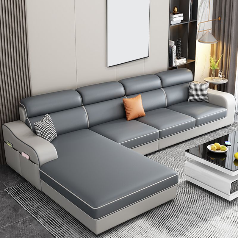 31.49" Tall Grey Sectional Sofa Faux Leather/Linen Flared Arm Modular Sofa Clearhalo 'furn' 'furn_sectionals' 'Furniture' 'Living Room Furniture' 'Sectionals' 1200x1200_0e4d811f-0a49-4a5a-bb4a-16f6719f9cf4