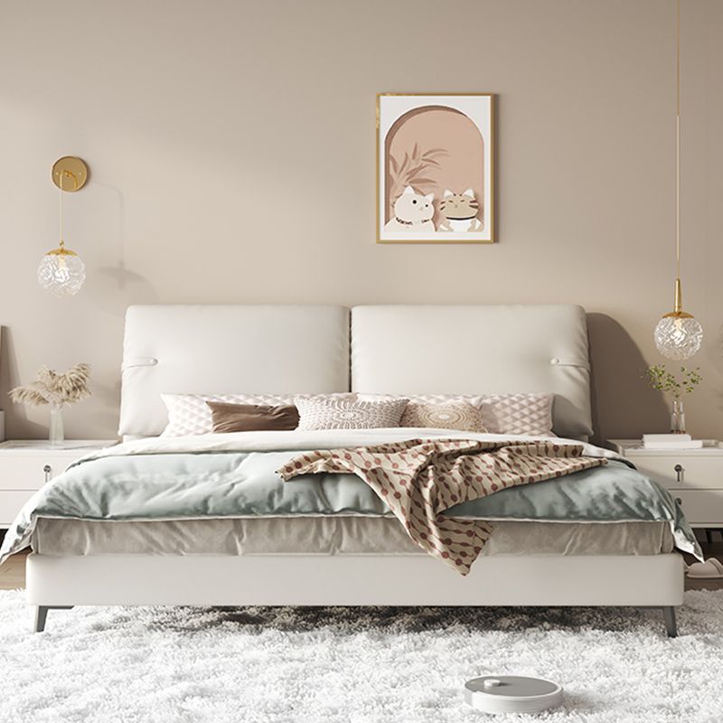 Cama moderna de la cama de cuero genuino de cuero cama de panel de madera de pino con cabecera tapizada