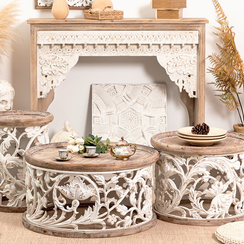 アイアンドラムエンドテーブルラウンドウッドトレイトップサイドエンドテーブル - 苦しめられた表面処理