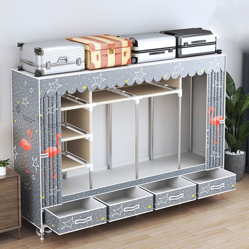 Modern Style Wardrobe Armoire Silver Steel Frame Wardrobe with Drawer Clearhalo 'Armoires & Wardrobes' 'armoires_wardrobes' 'Bedroom Furniture' 'furn' 'furn_armoires_wardrobes' 'Furniture' 1200x1200_0e839e71-3242-4286-9fc0-c72f8d71cbc2