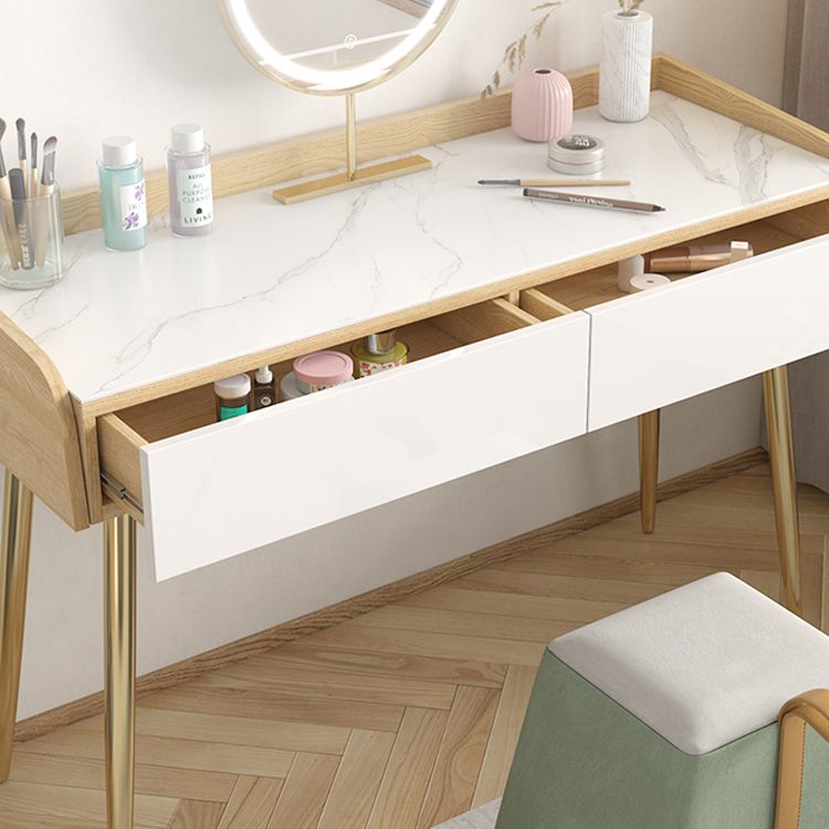 Glam 2-drawer Slate Top Dressing Table 32.67" H Vanity Stool in White Clearhalo 'Bedroom Furniture' 'furn' 'furn_makeup_vanities' 'Furniture' 'Makeup Vanities' 'makeup_vanities' 1200x1200_0e9f3530-6a77-413d-aef7-3e11b8668170