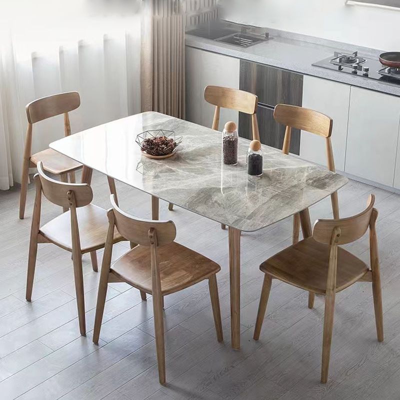 Dinettetafel met glanzend grijs stenen blad en houten frame, eettafel uit het midden van de eeuw voor thuis