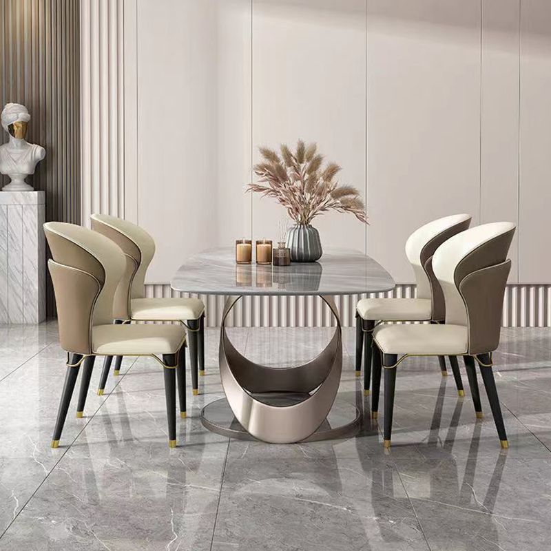 Modern Sintered Stone Gray Dining Set with Rectangle Table and Pedestal Base Home Use Dining Set Clearhalo 'Dining Room Sets' 'Dining Tables & Seating' 'dining_room_set' 'furn' 'furn_dining_room_set' 'Furniture' 'furniture_dining_room_set' 'Kitchen & Dining Furniture' 'kitchen&dining_furn' 'kitchen' 1200x1200_0eaad8b9-aeb2-4461-8f97-cd3cc5ffa89b