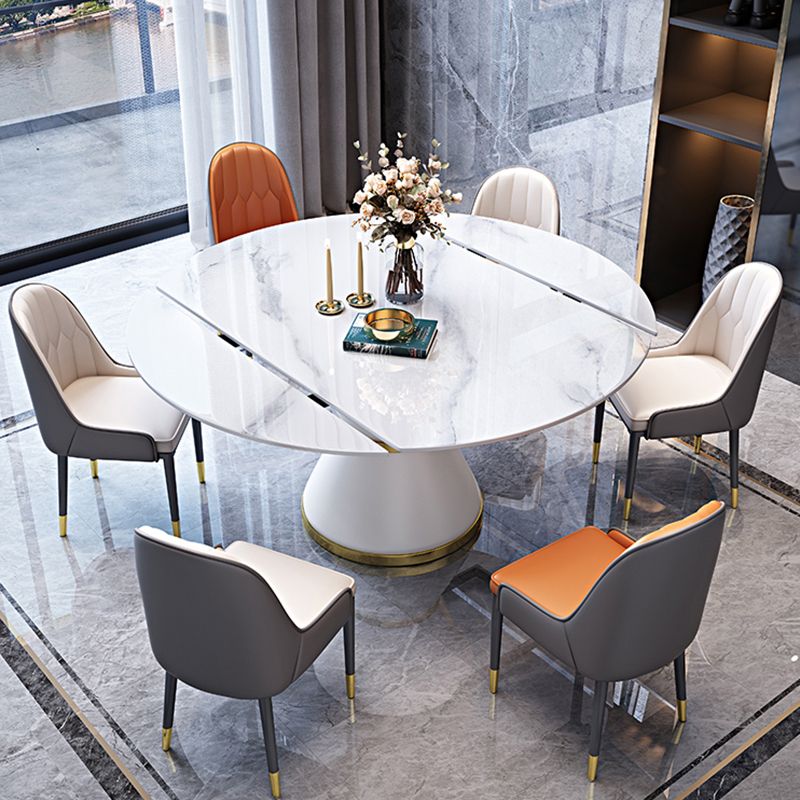 Luxury Round White Stone Top Dining Table with White & Gold Pedestal Clearhalo 'Dining Tables & Seating' 'Dining Tables' 'dining_table' 'furn' 'furn_dining_table' 'Furniture' 'Kitchen & Dining Furniture' 1200x1200_0eac5fe1-74a8-42f2-a01e-6d931d727bba