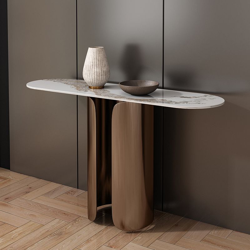 16 Inch Wide Glam Console Table Oval Stone Accent Table for Hall