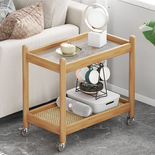 棚と車輪付きの最新の長方形のガラス上端テーブル木材ベースサイドテーブル