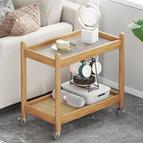 棚と車輪付きの最新の長方形のガラス上端テーブル木材ベースサイドテーブル